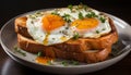 Fresh gourmet meal toasted bread, grilled sandwich, fried egg, bacon generated by AI Royalty Free Stock Photo