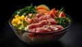 Fresh gourmet salad with pork slice, beef fillet, and seafood generated by AI