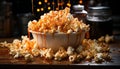 Fresh gourmet snack, sweet corn, watching movie in dark theater generated by AI