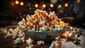 Fresh gourmet snack on table, watching movie in dark theater generated by AI