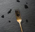 Fresh grainy black paddlefish caviar in metal fork on a black background Royalty Free Stock Photo