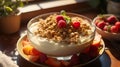 Fresh granola and yoghurt with strawberries in white bowl served for delicious homemade pancakes breakfast in morning