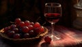 Fresh grape on wooden table, a glass of wine awaits generated by AI Royalty Free Stock Photo