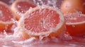 Fresh Grapefruit Halves Splashed With Water on a Pink Background