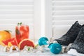 Fresh grapefruits and grapefruit juice, dumbbell and measuring tape, on rustic white wooden table opposite the blinds, fitness Royalty Free Stock Photo