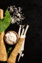 Fresh grated horseradish roots on black. Royalty Free Stock Photo