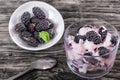 Fresh greek colored stains yogurt with berries in glass cup Royalty Free Stock Photo