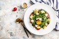 Fresh greek salad arugula, cream cheese, pine nuts, tomato, black olives and cucumber. healthy vegan lunch bowl. banner, menu Royalty Free Stock Photo