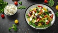 Fresh Greek salad with cucumber, cherry tomato, lettuce, red onion, feta cheese and black olives. Healthy food Royalty Free Stock Photo