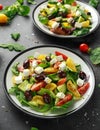 Fresh Greek salad with cucumber, cherry tomato, lettuce, red onion, feta cheese and black olives. Healthy food Royalty Free Stock Photo