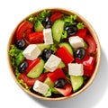 Greek salad with tomatoes, sweet peppers, cucumbers, feta and black olives served in cardboard bowl Royalty Free Stock Photo