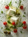 Fresh Greek Salad Ingredients Submerged in Water with Olive Oil, Cherry Tomatoes, Feta Cheese, Olives, and Herbs