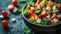 Fresh greek salad with tomato, cucumber, bel pepper , olives and feta cheese on black plate Royalty Free Stock Photo