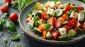 Fresh greek salad with tomato, cucumber, bel pepper , olives and feta cheese on black plate Royalty Free Stock Photo