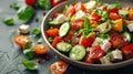 Fresh greek salad with tomato, cucumber, bel pepper , olives and feta cheese on black plate Royalty Free Stock Photo