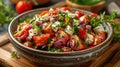 Fresh greek salad with tomato, cucumber, bel pepper , olives and feta cheese on black plate Royalty Free Stock Photo