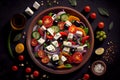 Fresh greek salad with tomato, cucumber, bel pepper , olives and feta cheese on black plate, top view, dark background Royalty Free Stock Photo