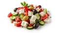 Fresh Greek salad with tomatoes, cucumbers, olives, feta cheese, and herbs, drizzled with olive oil on a white plate, showcasing Royalty Free Stock Photo