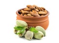 Fresh green almonds with soft shell with salty almond nuts isola