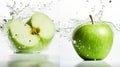 Fresh green apple and splash of water on isolated white background, generative ai Royalty Free Stock Photo