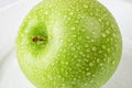 Fresh green apple with water drops macro. Close-up of water droplets on organic fruit. Ripe juicy apple for vitamin vegetarian Royalty Free Stock Photo