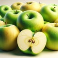 Fresh green apples with dewdrops, featuring one halved apple showing seeds, creating a crisp, refreshing fruit composition in a
