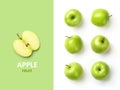 Fresh green apples isolated on white and green background. Fruits pattern, top view, flat lay Royalty Free Stock Photo