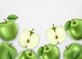 Fresh Green Apples Organic Farm Made. 3D Realistic Whole and Sliced Apples Banner