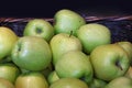 Fresh green apples on retail market close up Royalty Free Stock Photo