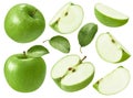 Fresh green apples set isolated on white background. Whole fruit , slices and leaves Royalty Free Stock Photo