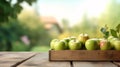 Fresh green apples in wooden crate on table with blurred organic farm background. Generative AI Royalty Free Stock Photo