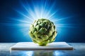 Fresh Green Artichoke on White Slab with Blue Background Royalty Free Stock Photo