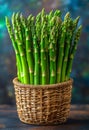 Fresh green asparagus in the basket on wooden table Royalty Free Stock Photo