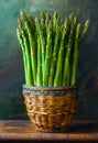 Fresh green asparagus in basket on wooden table selective focus Royalty Free Stock Photo
