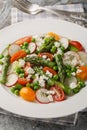 Fresh Green Asparagus salad witch goat cheese, green peas, radish and tomato closeup on the plate. Vertical Royalty Free Stock Photo