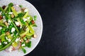 Fresh Green Asparagus salad witch Goat Cheese, peas, radishe, zucchini, lettuce and Hazelnuts. Royalty Free Stock Photo