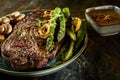 Fresh green asparagus served with beef steak Royalty Free Stock Photo