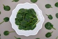 Fresh green baby Spinach leaves, diet and health concept, weight loss, spinach on ceramic plate, copy space Royalty Free Stock Photo