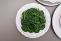 Fresh green baby Spinach leaves, diet and health concept, weight loss, spinach on ceramic plate, copy space Royalty Free Stock Photo