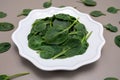 Fresh green baby Spinach leaves, diet and health concept, weight loss, spinach on ceramic plate, copy space Royalty Free Stock Photo