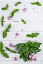 Fresh green basil leaves with garlic and pepper. Flat lay. Royalty Free Stock Photo