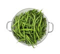 Fresh green beans in colander isolated on white, top view Royalty Free Stock Photo