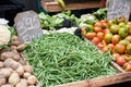 Fresh green beans and various vegetables at the marke Royalty Free Stock Photo