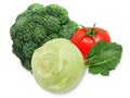 Fresh green broccoli, kohlrabi and red tomatoes