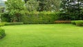 Fresh green burmuda grass smooth lawn as a carpet with curve form of bush, trees on the background, good maintenance landscapes