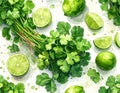 Fresh green cilantro bunch with whole and sliced limes on a light surface Royalty Free Stock Photo