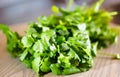 Fresh green cilantro, coriander leaves on wooden surface Royalty Free Stock Photo