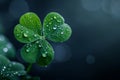 Fresh green clover leaf with dew drops on dark background Royalty Free Stock Photo