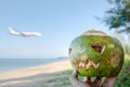 Fresh green coconut is a symbol of Halloween. With a carved face on a pumpkin. Lies on the grass on a wide sandy beach. Airplane Royalty Free Stock Photo