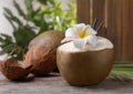 Fresh green coconut on table Royalty Free Stock Photo